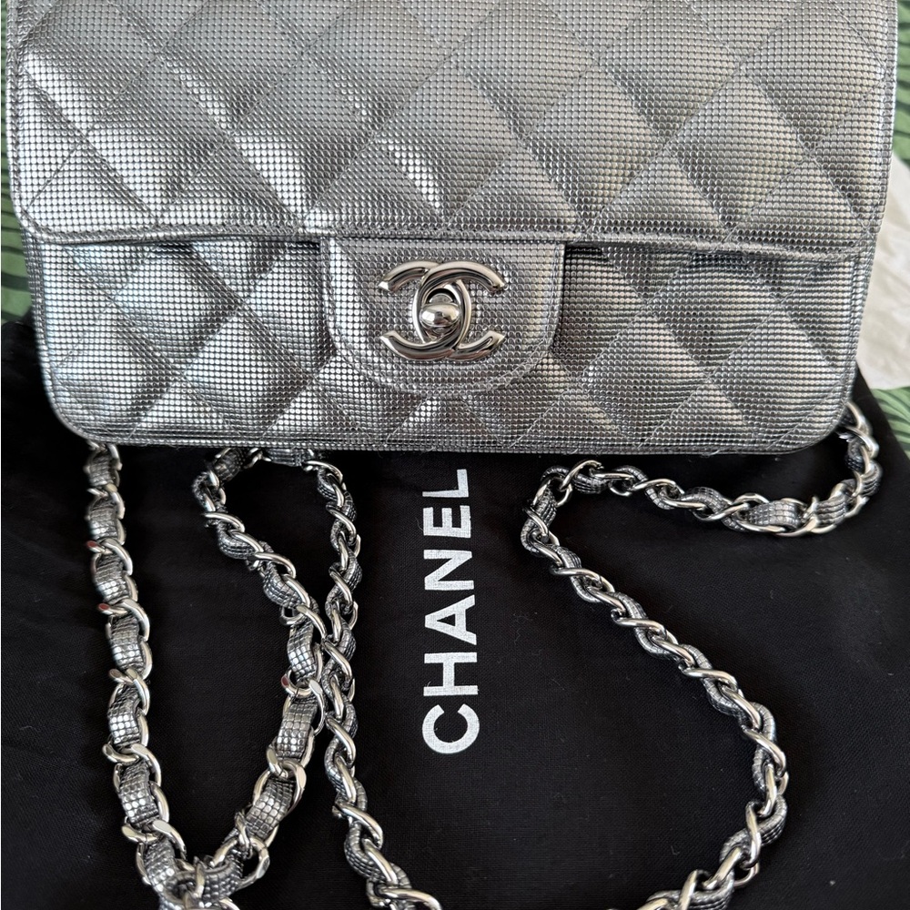 Authentic Chanel Metallic Calfskin Pixel Effect Mini Rectangular Flap Bag - Picture 2 of 15
